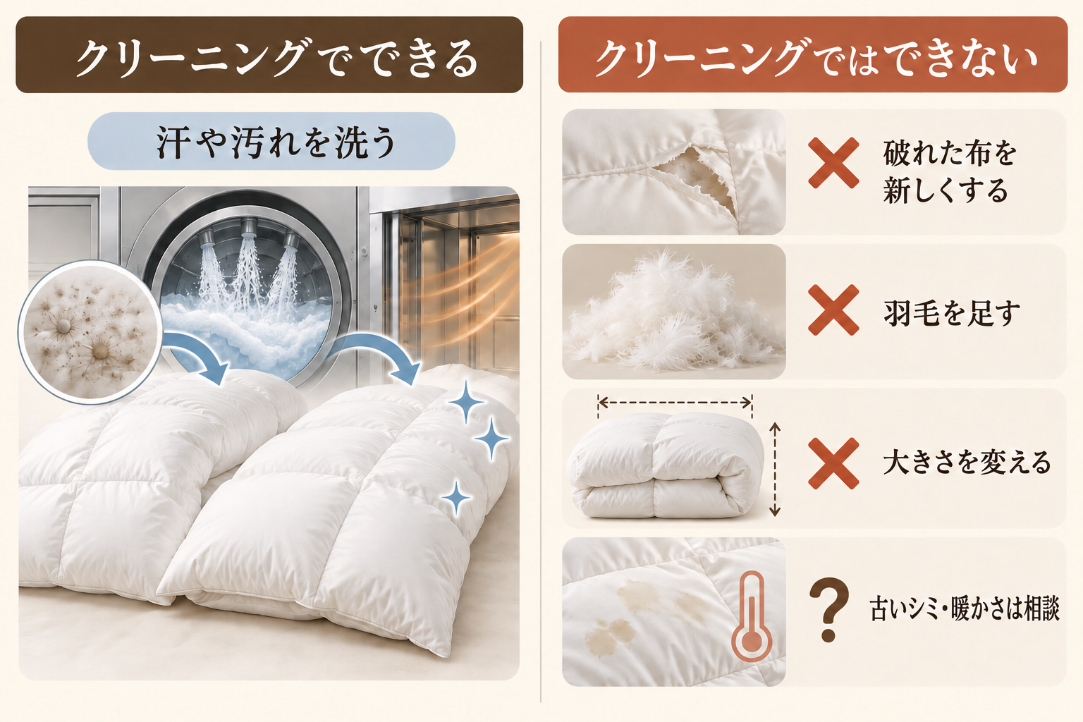 羽毛布団クリーニングでできることとできないことの図