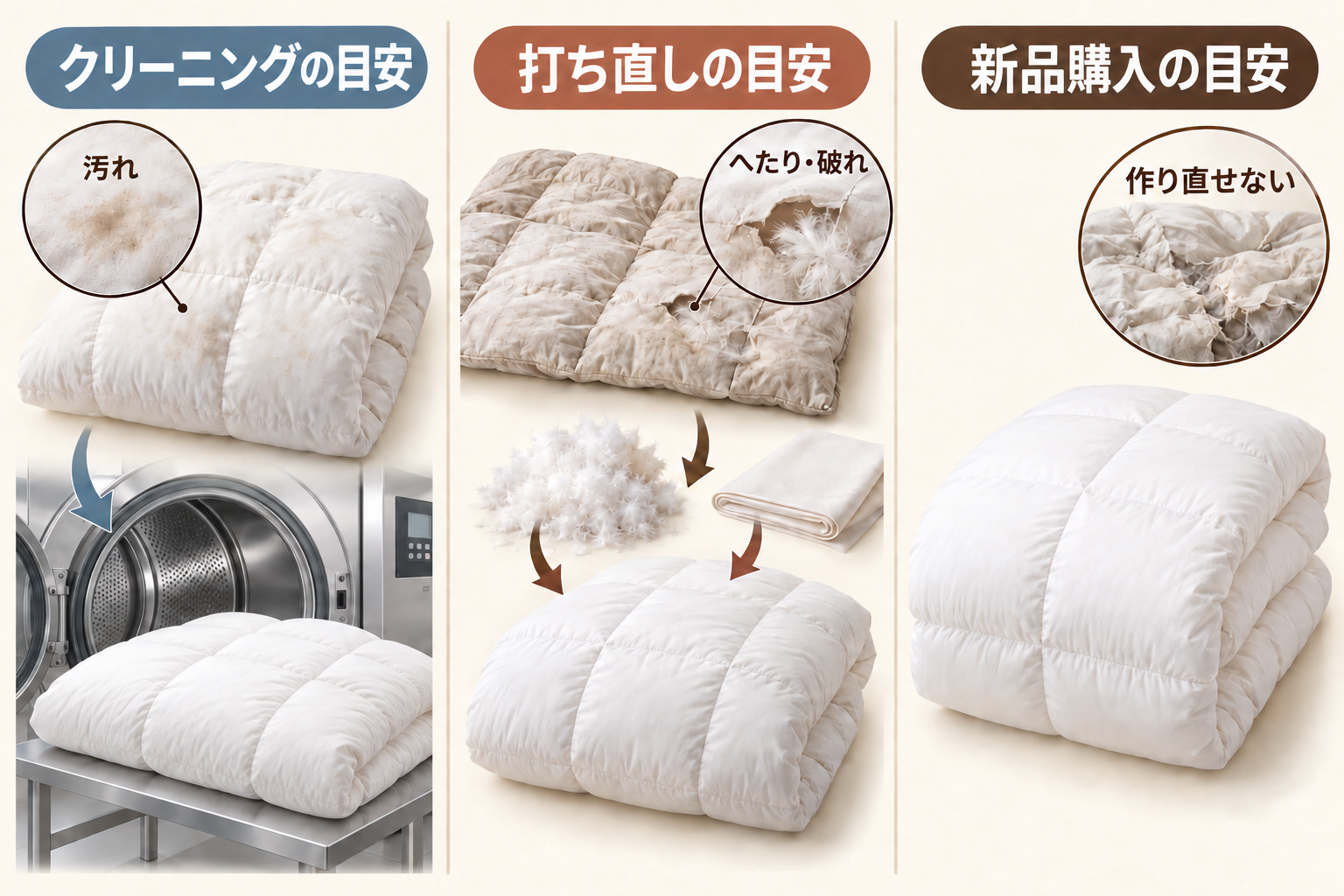 羽毛布団の状態からクリーニング・打ち直し・新品購入を分ける図